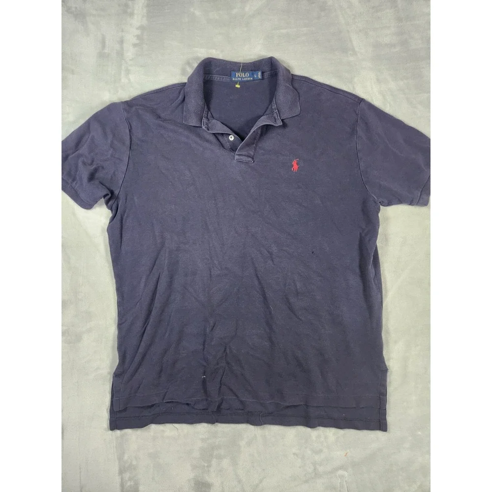 Polo Ralph Lauren Men's L Cotton Solid Navy Blue 2 Button Short Sleeve Polo‎